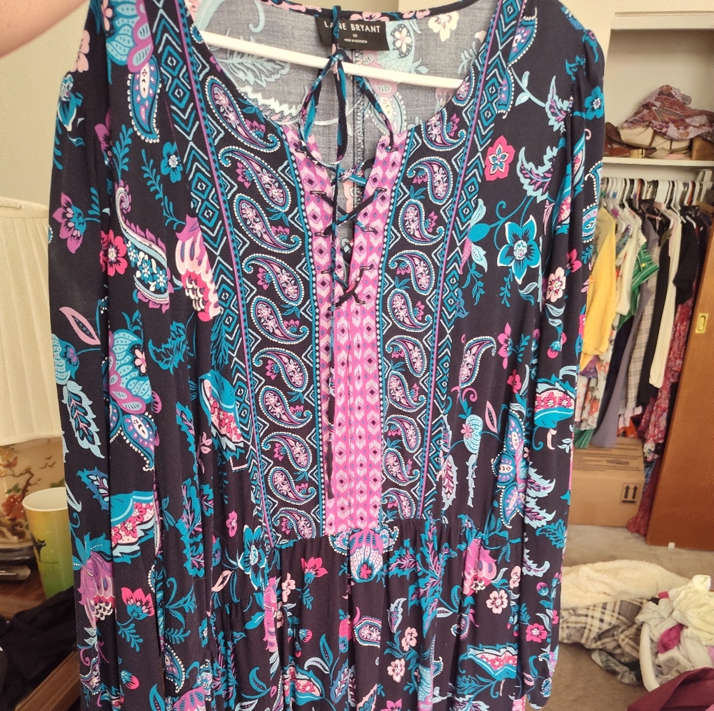 Lane Bryant Blue and Pink Tie Front Tunic
